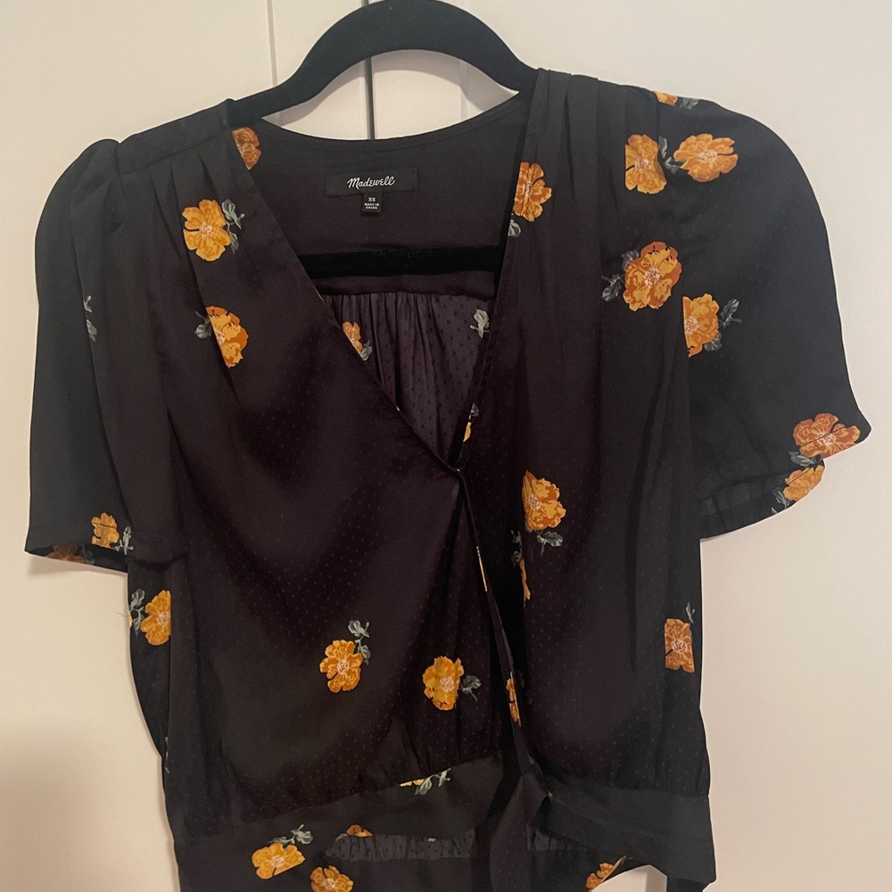Madewell silk floral wrap blouse.